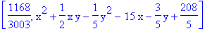 [1168/3003, x^2+1/2*x*y-1/5*y^2-15*x-3/5*y+208/5]